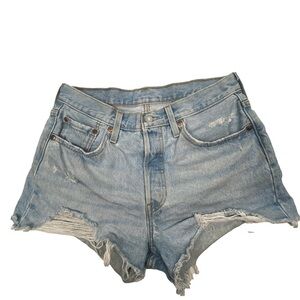 Levi's 501 Blue Jean Shorts High-Waisted Cut-Off Distressed Light Wash Size 28